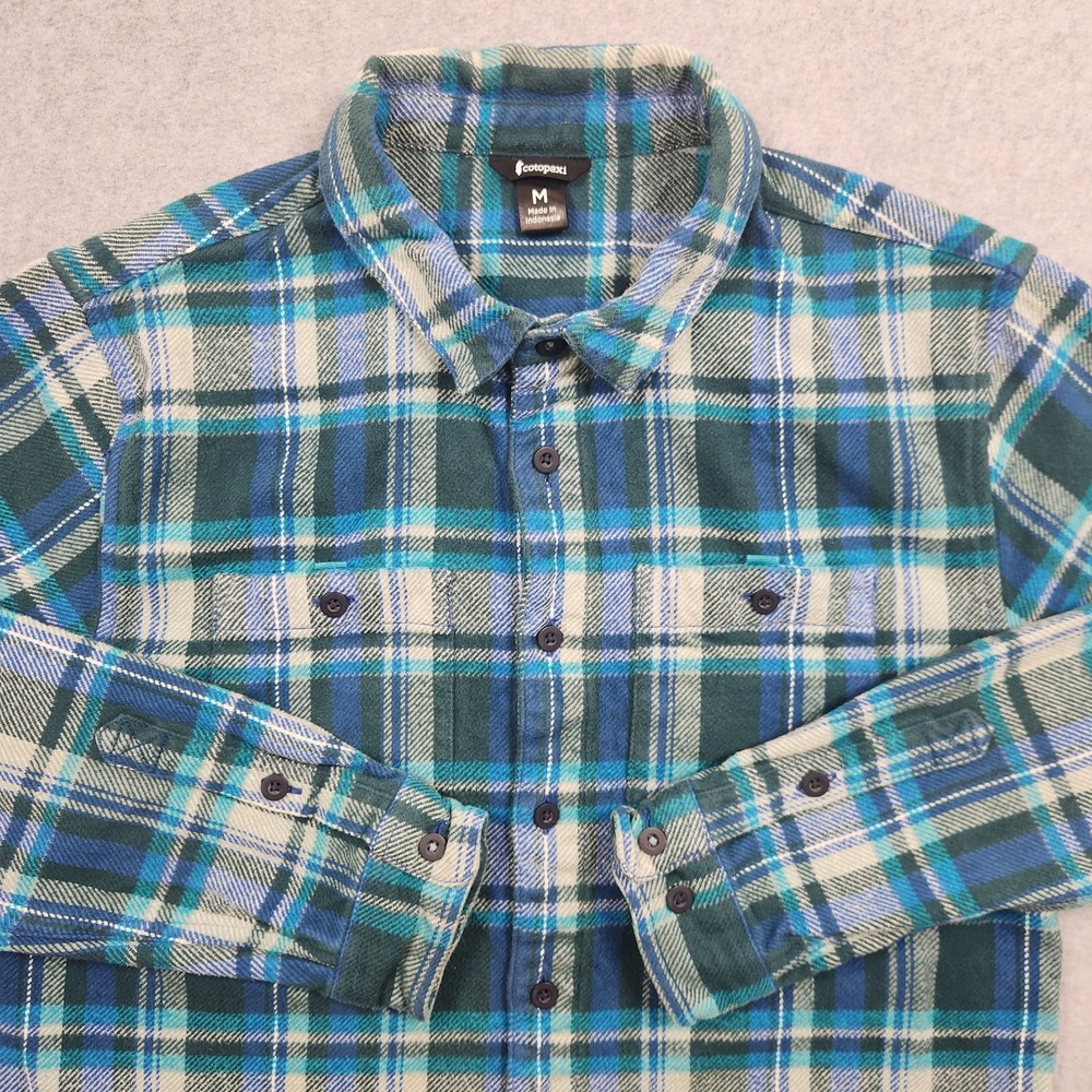 Cotopaxi Mero Flannel Mens Medium Blue Green Plaid‎ Organic Cotton Hiking
